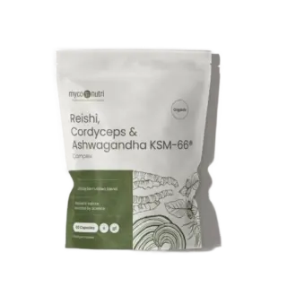 Reishi, Cordyceps & Ashwagandha KSM-66 capsules in a white pouch with green design.