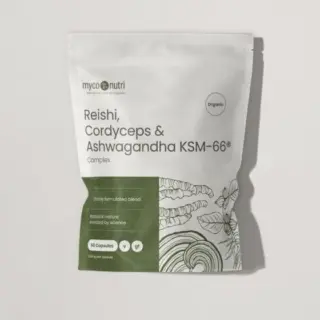 Reishi, Cordyceps & Ashwagandha KSM-66® capsules, organic, 60 capsules per pack.