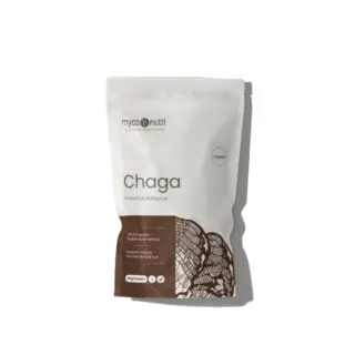 MycoNutri Chaga powder, 100g, organic, in a white and brown resealable pouch.