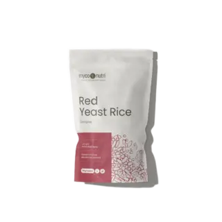 MycoNutri Red Yeast Rice Complex, 100g powder, white pouch with red design.