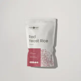 MycoNutri Red Yeast Rice Complex, 100g powder, gluten-free, white pouch with red design.