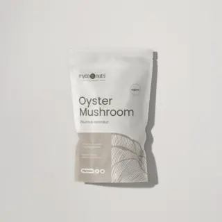 MycoNutri Oyster Mushroom powder, 100g, organic, in a white and beige resealable pouch.