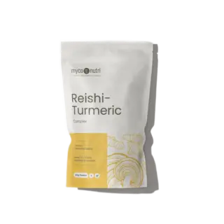 Reishi-Turmeric Complex powder in a white pouch with yellow design, 100g, gluten-free.