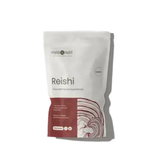 Reishi Ganoderma sichuanense powder, 100g, organic, in a white and red pouch.