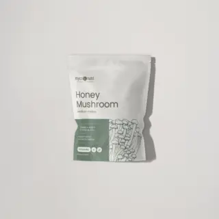 Honey Mushroom supplement pack with 60 capsules, Armillaria mellea illustration.