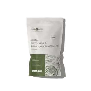 White pouch of Reishi, Cordyceps, and Ashwagandha KSM-66 powder, 100g, organic.