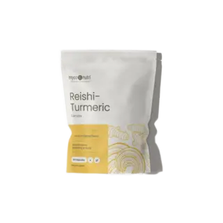 Reishi-Turmeric Complex, 60 capsules, MycoNutri packaging with turmeric illustrations.
