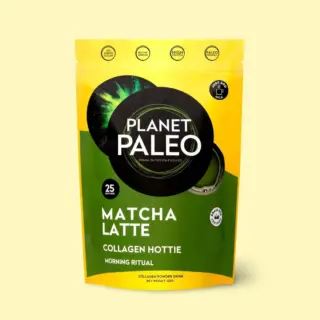 Planet Paleo Matcha Latte collagen powder, 225g, yellow and green packaging.