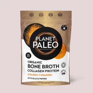 Planet Paleo Organic Bone Broth Collagen Protein, Golden Turmeric flavour, 225g pouch.