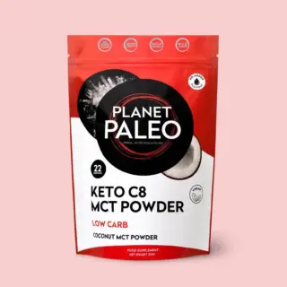 Planet Paleo Keto C8 MCT Powder, 220g, low carb, vegan, no added sugar, coconut flavour.