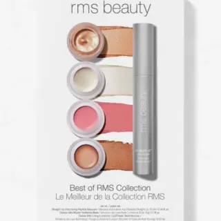 RMS Beauty set with four cream pots and a mascara tube on white background.