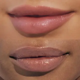 Two close-up images of lips with glossy nude lipstick.