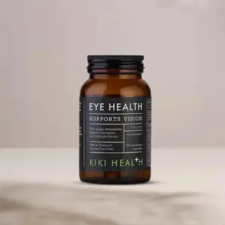 Brown bottle labelled "Eye Health Supports Vision" by Kiki Health.