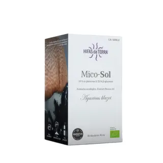 Hifas da Terra Mico-Sol supplement box with mushroom image and green certification logo.