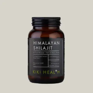 Himalayan Shilajit supplement bottle, 60 capsules, Kiki Health brand.