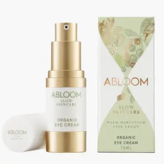 Abloom Organic Eye Cream 15ml with gold pump and green box packaging.
