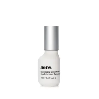 White bottle of aeos Energising Conditioner, 30ml, with silver cap.