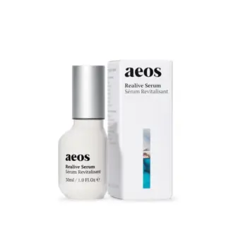 Aeos Realive Serum bottle and box, 30ml, with silver cap.