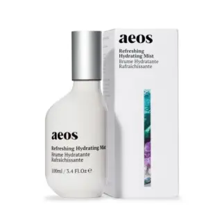 Aeos Refreshing Hydrating Mist bottle and box, 100ml, with colourful design strip.
