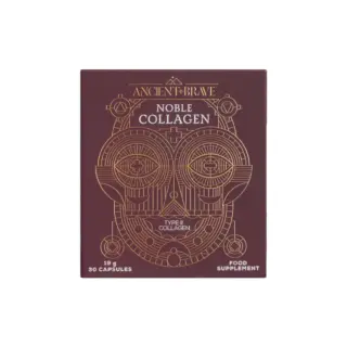 Noble Collagen box with geometric design, 19g, 30 capsules, food supplement.
