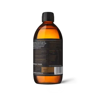 Amber bottle with black cap, detailed label text, and barcode on the back.