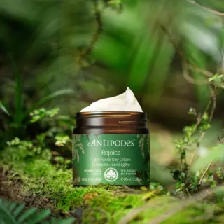 Antipodes Rejoice Light Facial Day Cream jar on a lush green forest floor.