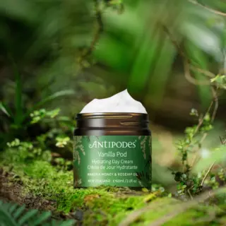 Antipodes Vanilla Pod Day Cream jar on a mossy forest floor.