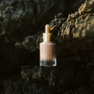 Golden serum bottle with dropper on dark rocks.