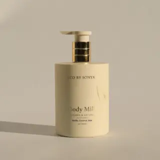 Eco by Sonya Body Milk bottle with pump, vanilla, coconut, aloe.