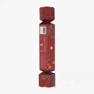 Red festive cracker with gold and green leaf design, barcode visible on side.