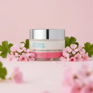 Face cream jar with pink flowers, labelled "Ultra Calming Ageless Face Cream".