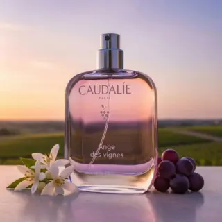 Perfume bottle labelled "Caudalie Ange des vignes" with flowers and grapes, vineyard background.