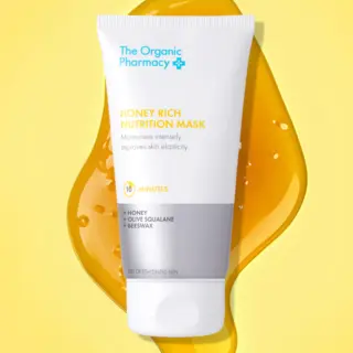 Tube of Honey Rich Nutrition Mask on yellow background.