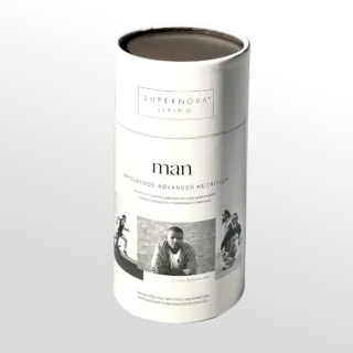 Supernova Living Man Wholefood Advanced Nutrition container with black and white images.
