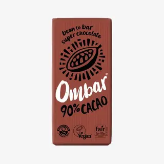 Brown Ombar chocolate bar, 90% cacao, vegan, fair trade certified.