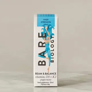 Bare Biology Beam & Balance spray, vitamins D3 + K2, peppermint, 25ml, 3 sprays a day.