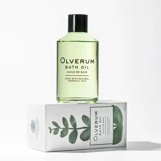 Olverum Bath Oil bottle on box with leaf design, 125ml.