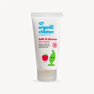 Organic Children bath & shower gel, berry smoothie, 50ml tube, white background.
