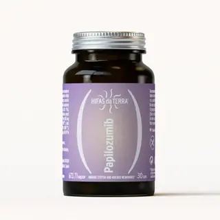 Hifas da Terra Papilozumib supplement bottle with purple label, 30 capsules.