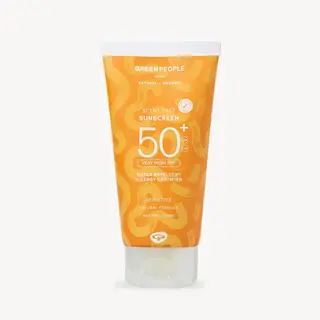 Orange tube of Green People SPF 50+ scent-free sunscreen, 200ml.