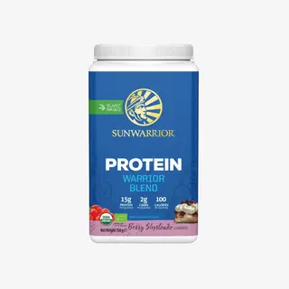 Sunwarrior Protein Warrior Blend, Berry Shortcake, 750g, plant-based, 15g protein per serving.