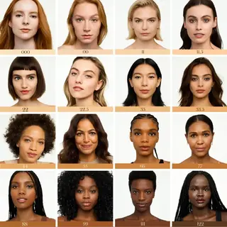 Grid of diverse faces with complexion shade numbers from 000 to 122. Text: "Made In Your Shade".