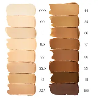 Foundation swatches in shades 000 to 122, arranged in two columns on a white background.