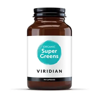 Viridian Organic Super Greens, 90 capsules, in a brown bottle with a white label.