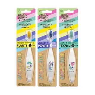 Three Jack N' Jill toothbrushes with colourful bristles and plant-based packaging.