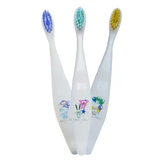 Three children's toothbrushes with animal designs and coloured bristles.