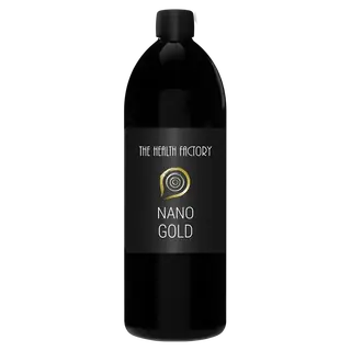 Black bottle labelled "The Health Factory Nano Gold".