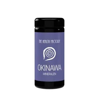 Black bottle with purple label, "The Health Factory Okinawa Mineralen" text and spiral design.