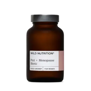 Brown bottle labelled "Wild Nutrition Peri + Menopause Biotic".