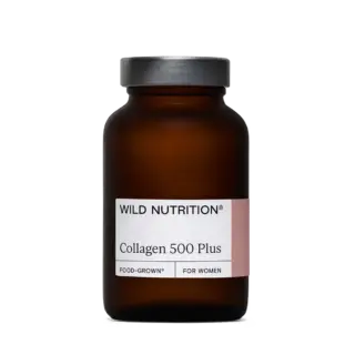 Brown bottle labelled "Wild Nutrition Collagen 500 Plus, Food-Grown, For Women".
